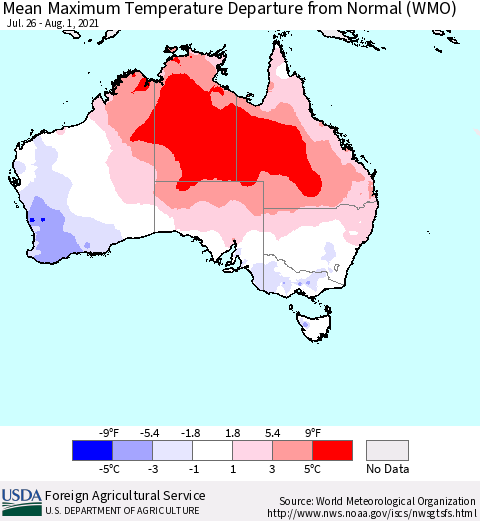 Australia Mean Maximum Temperature Departure from Normal (WMO) Thematic Map For 7/26/2021 - 8/1/2021