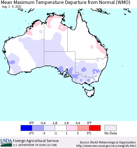Australia Mean Maximum Temperature Departure from Normal (WMO) Thematic Map For 8/2/2021 - 8/8/2021