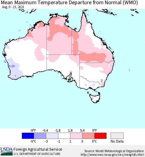Australia Mean Maximum Temperature Departure from Normal (WMO) Thematic Map For 8/9/2021 - 8/15/2021