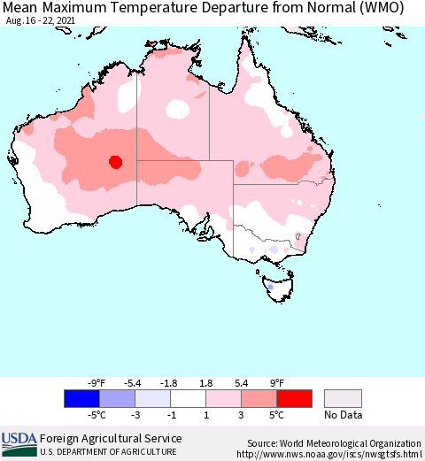 Australia Mean Maximum Temperature Departure from Normal (WMO) Thematic Map For 8/16/2021 - 8/22/2021