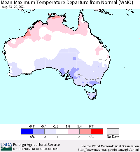 Australia Mean Maximum Temperature Departure from Normal (WMO) Thematic Map For 8/23/2021 - 8/29/2021