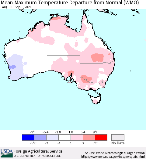 Australia Mean Maximum Temperature Departure from Normal (WMO) Thematic Map For 8/30/2021 - 9/5/2021