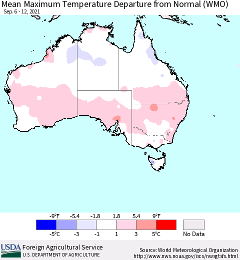 Australia Mean Maximum Temperature Departure from Normal (WMO) Thematic Map For 9/6/2021 - 9/12/2021