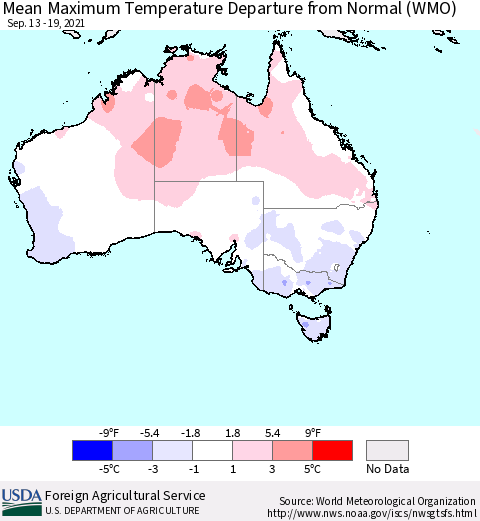 Australia Mean Maximum Temperature Departure from Normal (WMO) Thematic Map For 9/13/2021 - 9/19/2021
