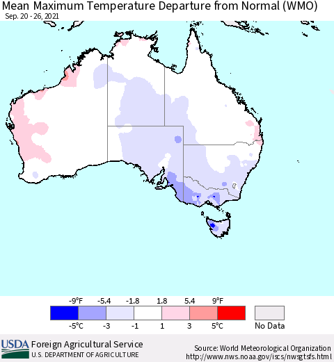 Australia Mean Maximum Temperature Departure from Normal (WMO) Thematic Map For 9/20/2021 - 9/26/2021