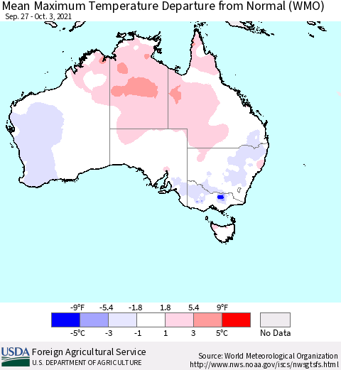 Australia Mean Maximum Temperature Departure from Normal (WMO) Thematic Map For 9/27/2021 - 10/3/2021