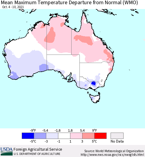 Australia Mean Maximum Temperature Departure from Normal (WMO) Thematic Map For 10/4/2021 - 10/10/2021