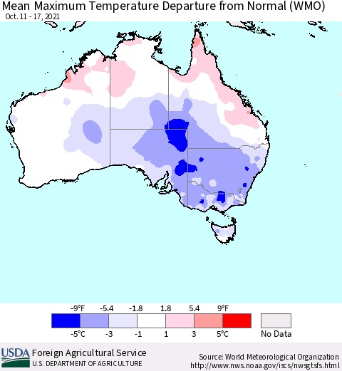 Australia Mean Maximum Temperature Departure from Normal (WMO) Thematic Map For 10/11/2021 - 10/17/2021