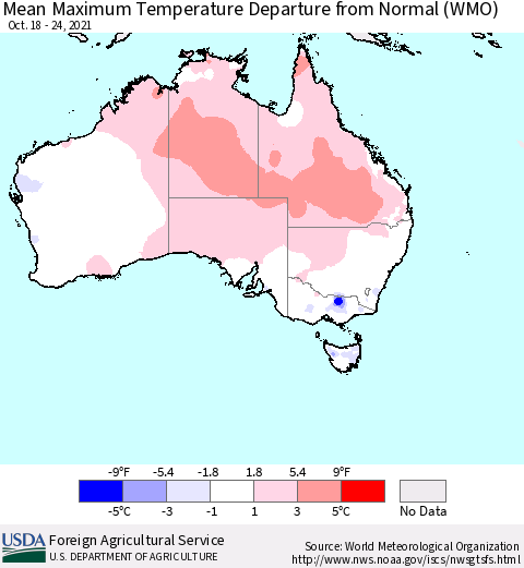 Australia Mean Maximum Temperature Departure from Normal (WMO) Thematic Map For 10/18/2021 - 10/24/2021