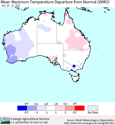 Australia Mean Maximum Temperature Departure from Normal (WMO) Thematic Map For 10/25/2021 - 10/31/2021