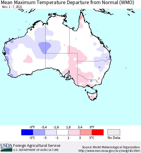 Australia Mean Maximum Temperature Departure from Normal (WMO) Thematic Map For 11/1/2021 - 11/7/2021