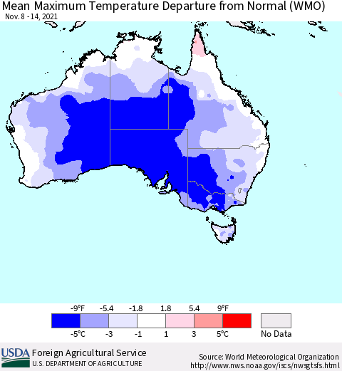 Australia Mean Maximum Temperature Departure from Normal (WMO) Thematic Map For 11/8/2021 - 11/14/2021