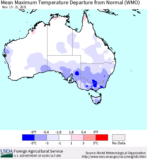 Australia Mean Maximum Temperature Departure from Normal (WMO) Thematic Map For 11/15/2021 - 11/21/2021