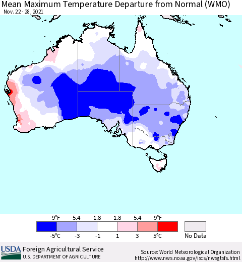 Australia Mean Maximum Temperature Departure from Normal (WMO) Thematic Map For 11/22/2021 - 11/28/2021