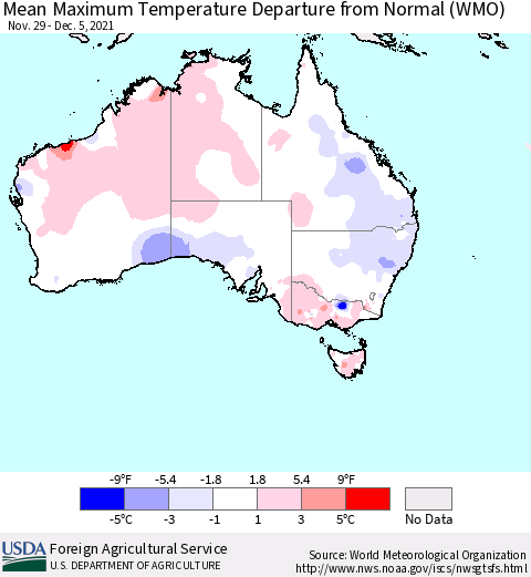 Australia Mean Maximum Temperature Departure from Normal (WMO) Thematic Map For 11/29/2021 - 12/5/2021