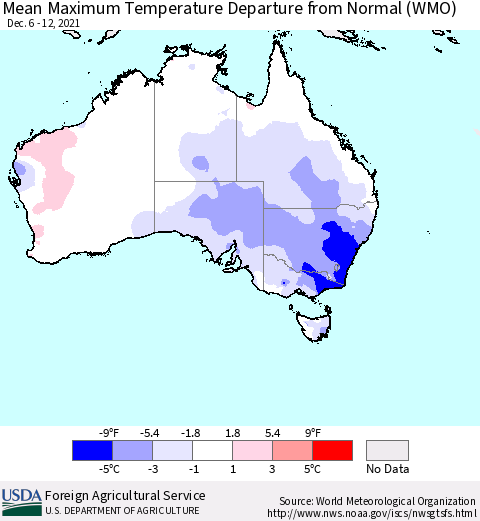 Australia Mean Maximum Temperature Departure from Normal (WMO) Thematic Map For 12/6/2021 - 12/12/2021