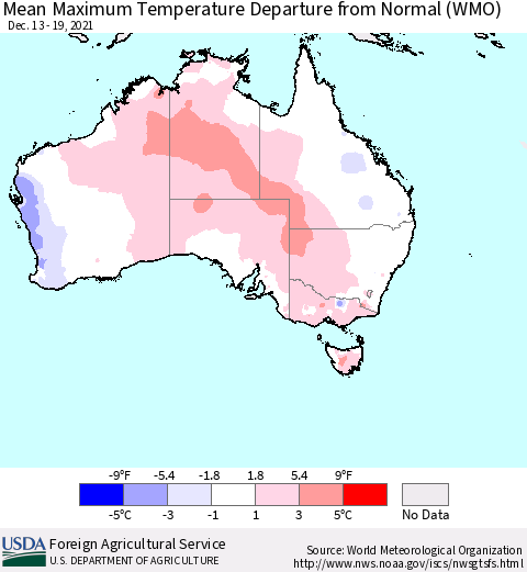Australia Mean Maximum Temperature Departure from Normal (WMO) Thematic Map For 12/13/2021 - 12/19/2021