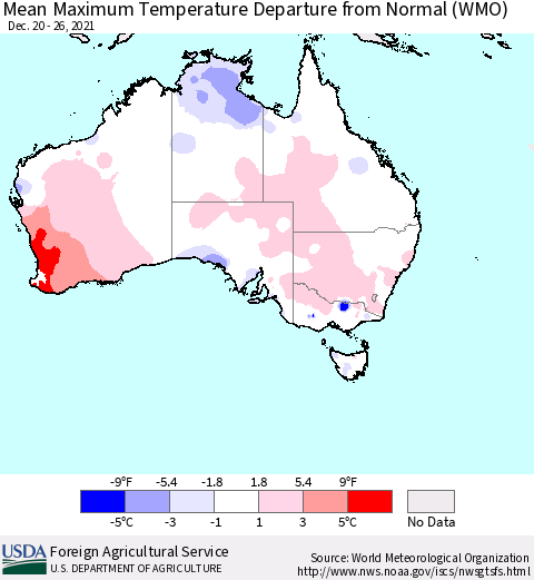 Australia Mean Maximum Temperature Departure from Normal (WMO) Thematic Map For 12/20/2021 - 12/26/2021