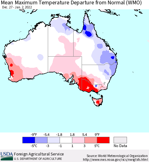 Australia Mean Maximum Temperature Departure from Normal (WMO) Thematic Map For 12/27/2021 - 1/2/2022
