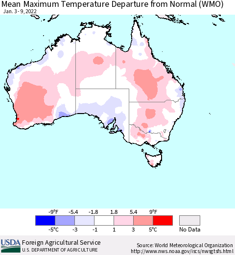 Australia Mean Maximum Temperature Departure from Normal (WMO) Thematic Map For 1/3/2022 - 1/9/2022