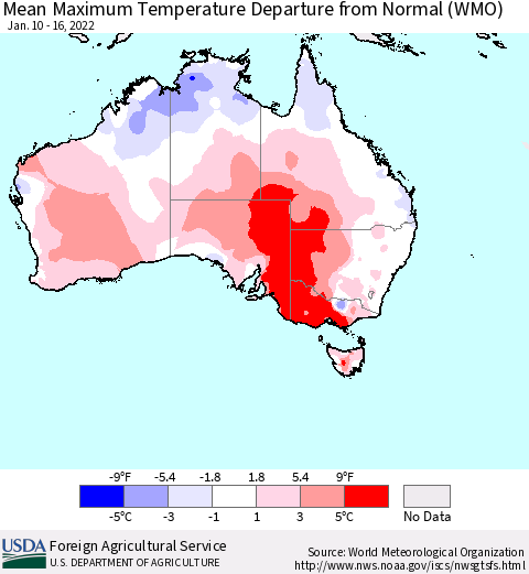 Australia Mean Maximum Temperature Departure from Normal (WMO) Thematic Map For 1/10/2022 - 1/16/2022