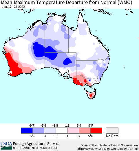 Australia Mean Maximum Temperature Departure from Normal (WMO) Thematic Map For 1/17/2022 - 1/23/2022