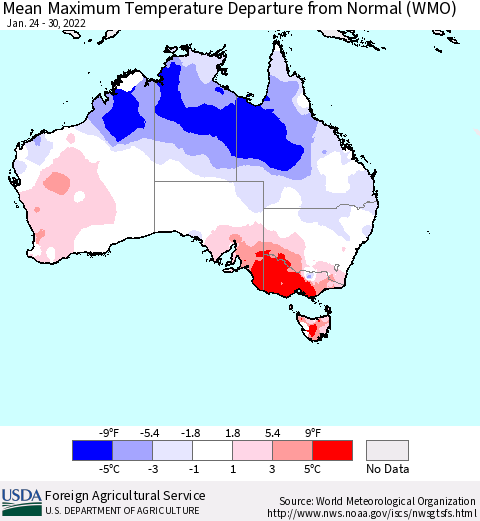 Australia Mean Maximum Temperature Departure from Normal (WMO) Thematic Map For 1/24/2022 - 1/30/2022