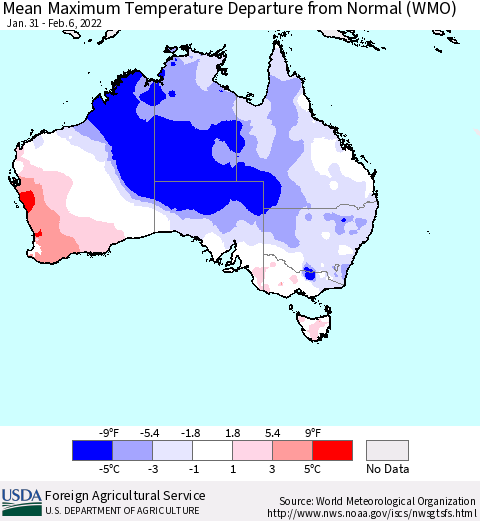 Australia Mean Maximum Temperature Departure from Normal (WMO) Thematic Map For 1/31/2022 - 2/6/2022