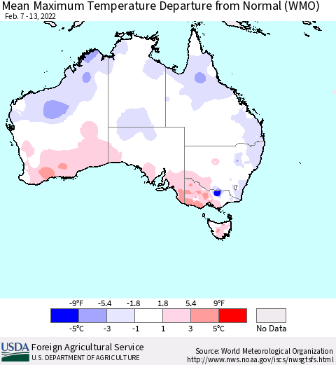 Australia Mean Maximum Temperature Departure from Normal (WMO) Thematic Map For 2/7/2022 - 2/13/2022
