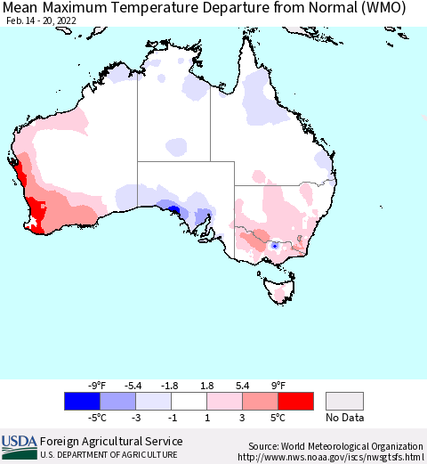 Australia Mean Maximum Temperature Departure from Normal (WMO) Thematic Map For 2/14/2022 - 2/20/2022