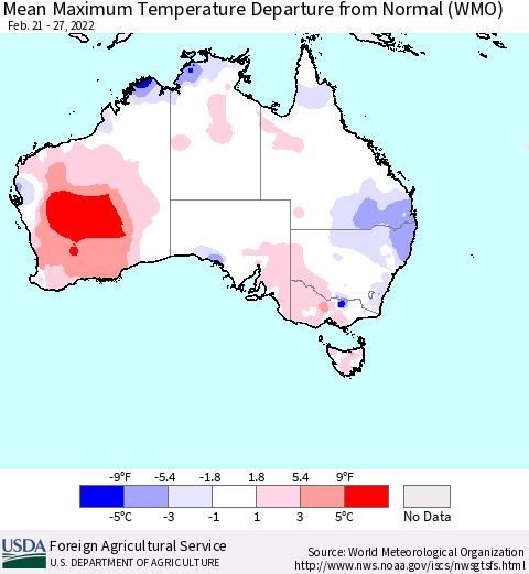 Australia Mean Maximum Temperature Departure from Normal (WMO) Thematic Map For 2/21/2022 - 2/27/2022