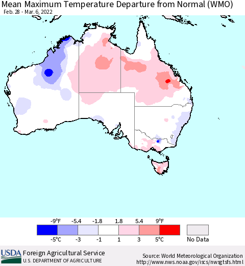 Australia Mean Maximum Temperature Departure from Normal (WMO) Thematic Map For 2/28/2022 - 3/6/2022