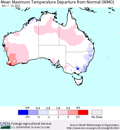 Australia Mean Maximum Temperature Departure from Normal (WMO) Thematic Map For 3/7/2022 - 3/13/2022