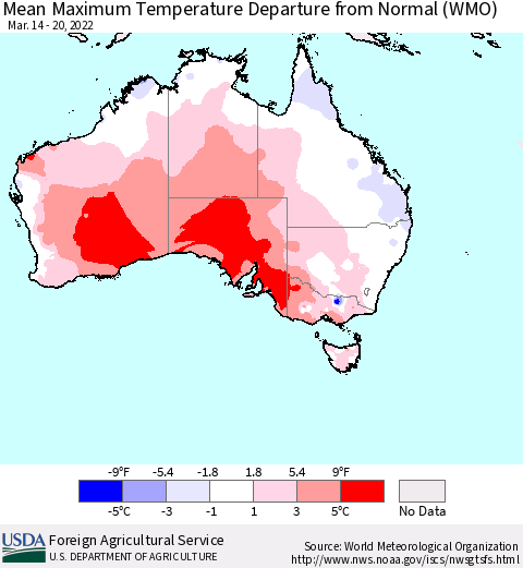 Australia Mean Maximum Temperature Departure from Normal (WMO) Thematic Map For 3/14/2022 - 3/20/2022