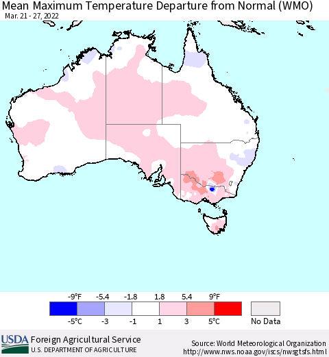 Australia Mean Maximum Temperature Departure from Normal (WMO) Thematic Map For 3/21/2022 - 3/27/2022