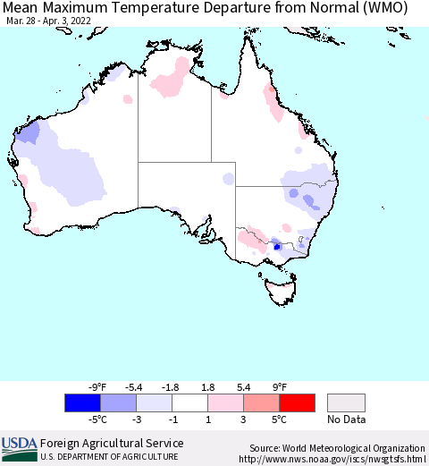 Australia Mean Maximum Temperature Departure from Normal (WMO) Thematic Map For 3/28/2022 - 4/3/2022
