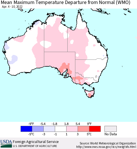 Australia Mean Maximum Temperature Departure from Normal (WMO) Thematic Map For 4/4/2022 - 4/10/2022