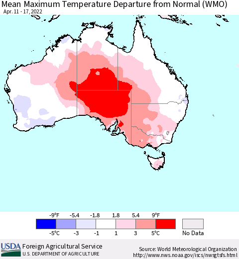 Australia Mean Maximum Temperature Departure from Normal (WMO) Thematic Map For 4/11/2022 - 4/17/2022
