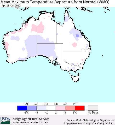 Australia Mean Maximum Temperature Departure from Normal (WMO) Thematic Map For 4/18/2022 - 4/24/2022