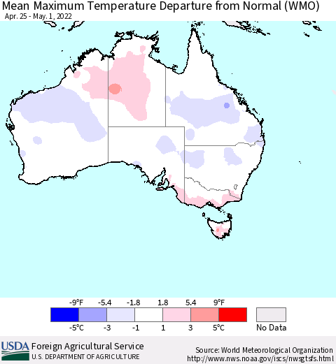 Australia Mean Maximum Temperature Departure from Normal (WMO) Thematic Map For 4/25/2022 - 5/1/2022