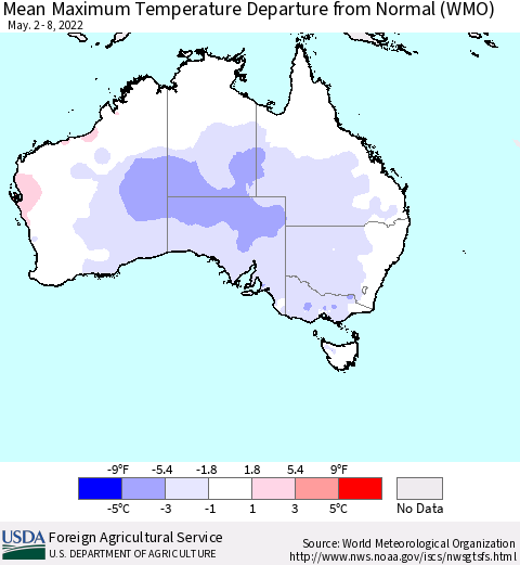 Australia Mean Maximum Temperature Departure from Normal (WMO) Thematic Map For 5/2/2022 - 5/8/2022