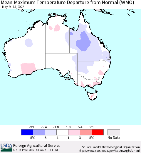 Australia Mean Maximum Temperature Departure from Normal (WMO) Thematic Map For 5/9/2022 - 5/15/2022