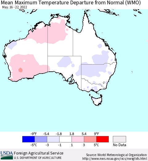 Australia Mean Maximum Temperature Departure from Normal (WMO) Thematic Map For 5/16/2022 - 5/22/2022