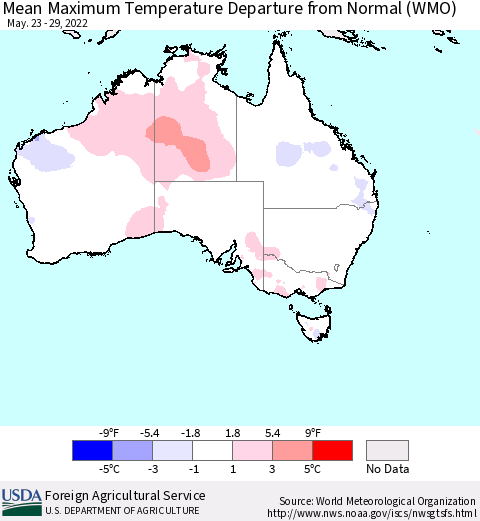 Australia Mean Maximum Temperature Departure from Normal (WMO) Thematic Map For 5/23/2022 - 5/29/2022