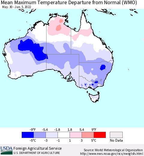 Australia Mean Maximum Temperature Departure from Normal (WMO) Thematic Map For 5/30/2022 - 6/5/2022