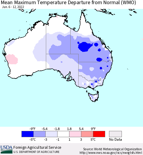 Australia Mean Maximum Temperature Departure from Normal (WMO) Thematic Map For 6/6/2022 - 6/12/2022