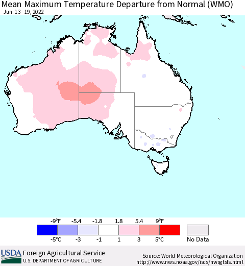 Australia Mean Maximum Temperature Departure from Normal (WMO) Thematic Map For 6/13/2022 - 6/19/2022