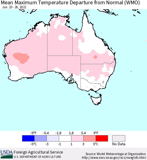 Australia Mean Maximum Temperature Departure from Normal (WMO) Thematic Map For 6/20/2022 - 6/26/2022