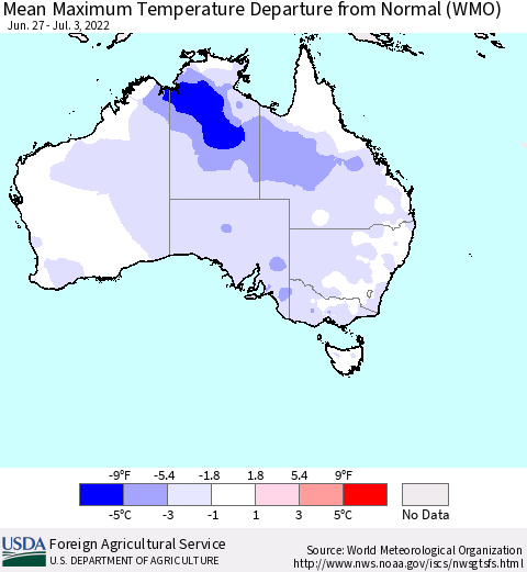 Australia Mean Maximum Temperature Departure from Normal (WMO) Thematic Map For 6/27/2022 - 7/3/2022