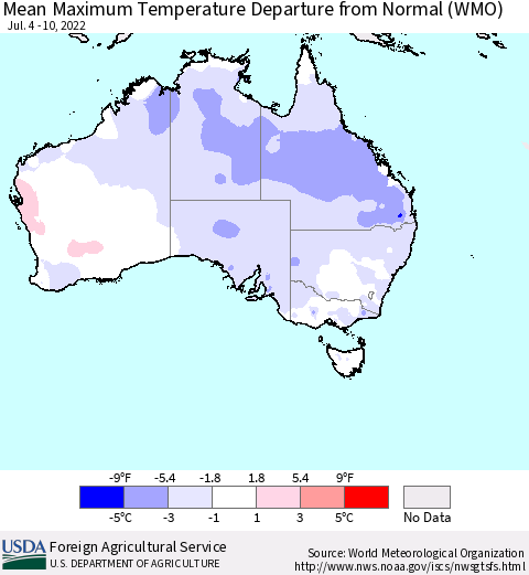 Australia Mean Maximum Temperature Departure from Normal (WMO) Thematic Map For 7/4/2022 - 7/10/2022